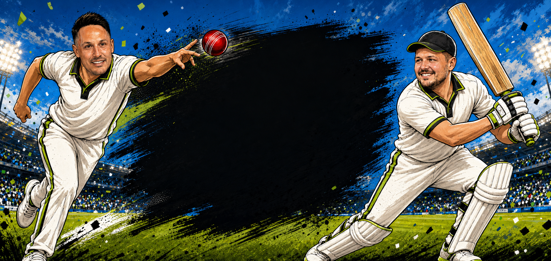Cartoon illustration of John bowling to James at a charity cricket match